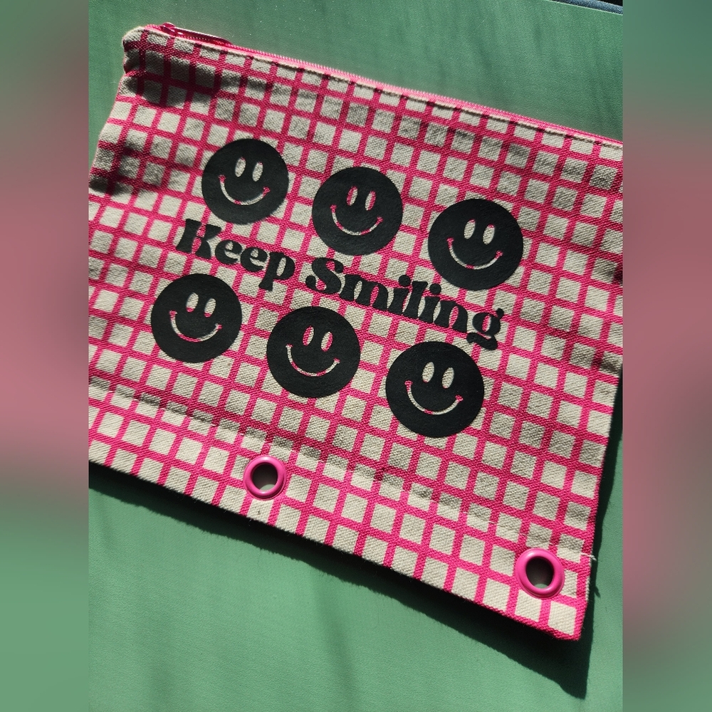 Retro Inspired Smiley Pink Striped Multi Purpose Cotton Canvas Pouch New - Picture 4 of 6